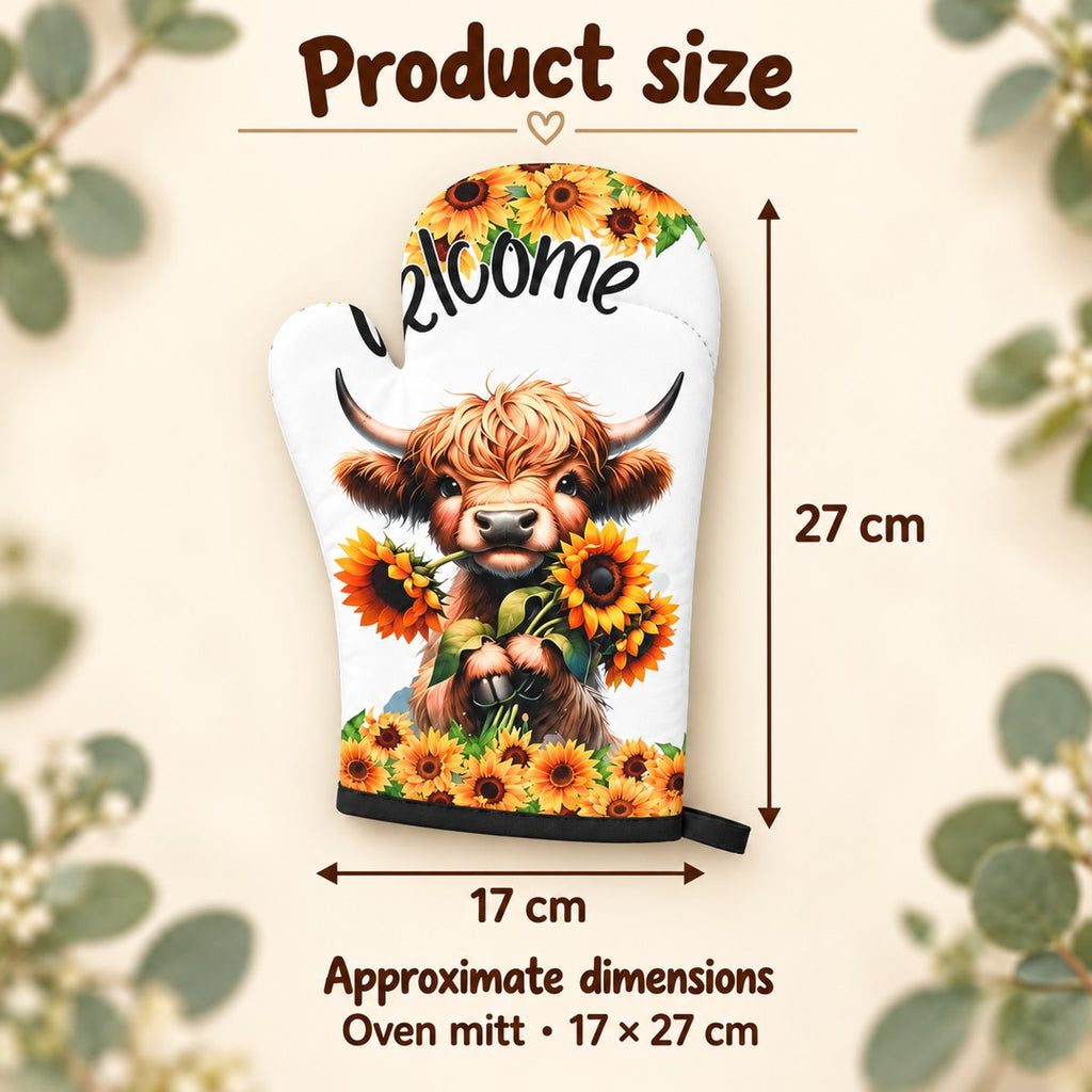 Welcome sunflower Highland cow oven mitt size guide showing width and length in centimetres