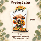 Welcome sunflower Highland cow oven mitt size guide showing width and length in centimetres