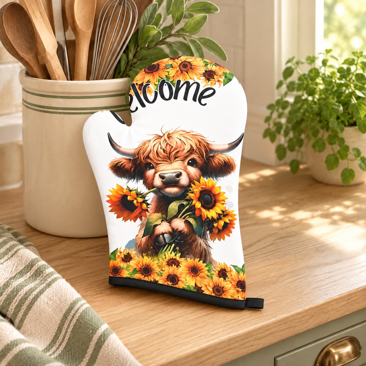 One Welcome sunflower Highland cow oven mitt styled in a warm country kitchen